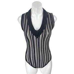 Tabula Rasa Black White Striped Wool Sleeveless V-Neck Bodysuit Tank Top Size L
